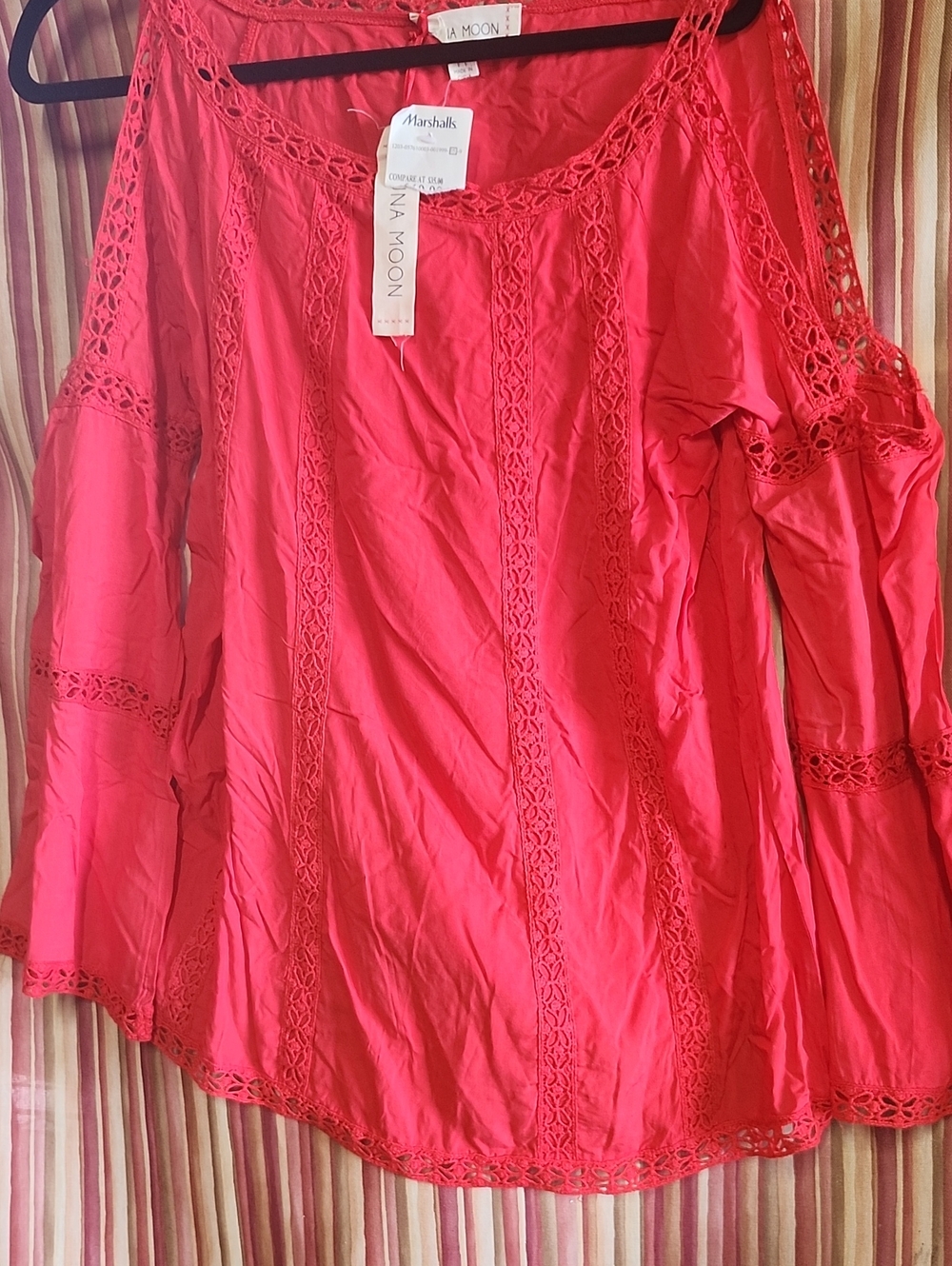 LunaMOON Red Cold-Shoulder Crochet-Trim Blouse